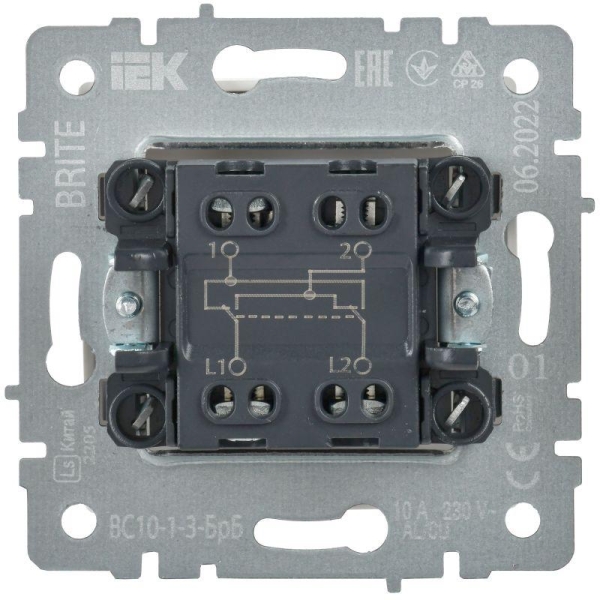 Выключатель перекрестный 1-кл. СП BRITE 10А ВС10-1-3-БрБ механизм бел. IEK BR-V13-0-10-K01