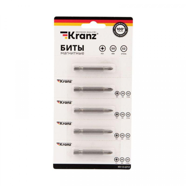 Бита PZ1x50мм для шуруповерта сталь S2 (уп.5шт) (лента) Kranz KR-12-6312