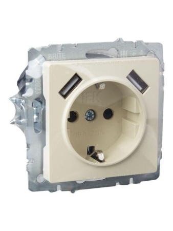 Розетка BRITE РЮш10-1-БрКр 16А с USB A+A 2.1А с заземл. защ. шторки механизм беж. IEK BR-R14-16-U21-D21-K10