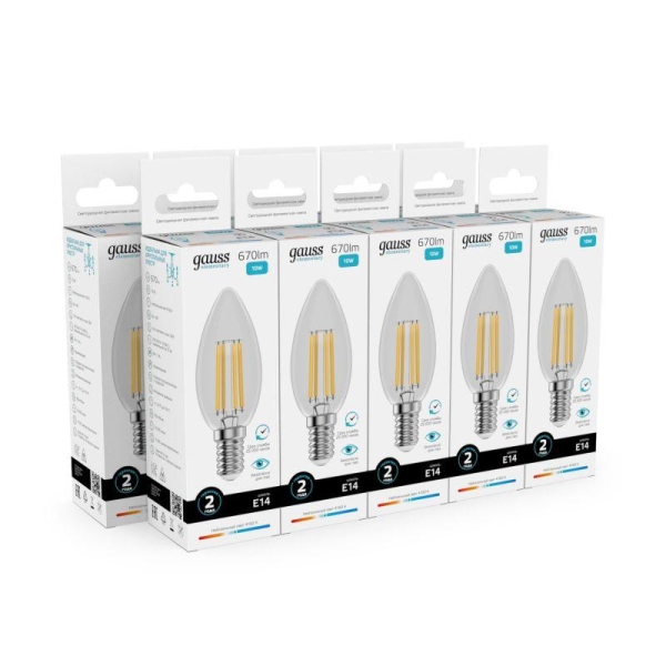 Лампа светодиодная филаментная Filament Elementary 10Вт свеча 4100К Е14 670лм GAUSS 32120