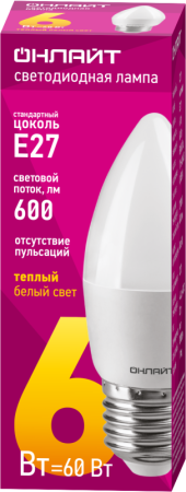 Лампа светодиодная 71 630 OLL-C37-6-230-2.7K-E27-FR 6Вт свеча 2700К тепл. бел. E27 600лм 176-264В ОНЛАЙТ 71630