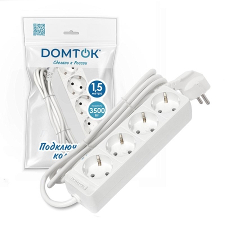 Удлинитель 4х1.5м с заземл. 16А IP20 3.5кВт ПВС 3х1 бел. DOMTOK 2394