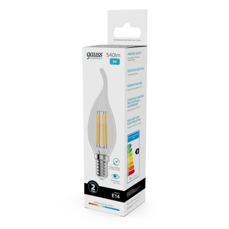 Лампа светодиодная филаментная Filament Elementary 8Вт свеча на ветру 4100К Е14 540лм GAUSS 42128