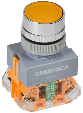 Кнопка D7-11T d22мм 1НО+1НЗ с фиксацией желт. GENERICA BBT50-11T-3-21-K05-G