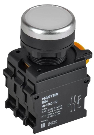 Кнопка d22мм 1НО+1НЗ MASTER с подсветкой бел. IEK MI-BT60-11D-3-12-K01