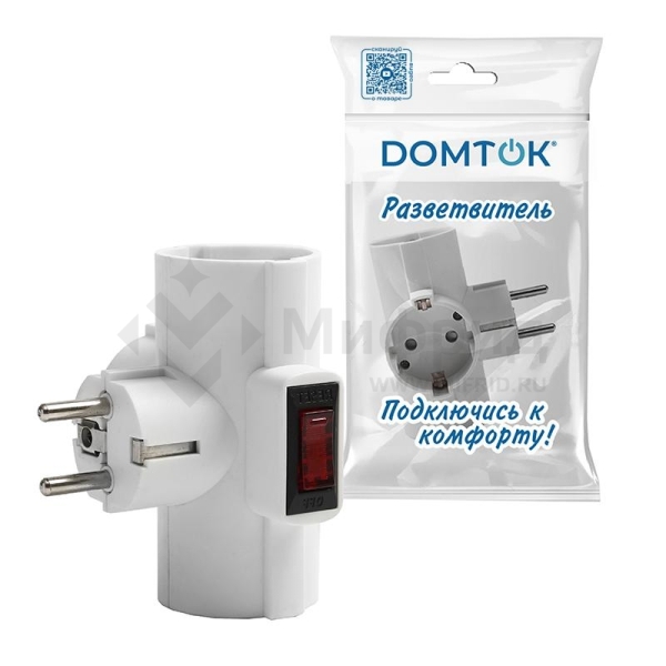 Разветвитель 3-м с заземл. 16А 3500Вт 250В Т-образ. с выключателем бел. DОМТОК 2663