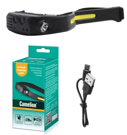 Фонарь аккумуляторный налобный 3.7В лента 2 LED 3Вт 4 режима сенсор Type-C бокс LED53416 черн. Camelion 15748