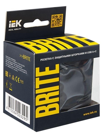 Розетка BRITE РЮш11-1-БрЧ 16А с USB A+C 18Вт с заземл. защ. шторки механизм черн. IEK BR-R14-16-U22-018-K02
