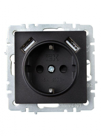 Розетка BRITE РЮш10-2-БрЧ 16А с USB A+A 3.1А с заземл. защ. шторки механизм черн. IEK BR-R14-16-U21-D31-K02